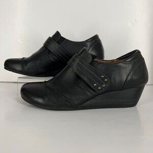 Taos Splurge Black Leather Mary Jane Wedge Casual Heeled Shoe Sz 9